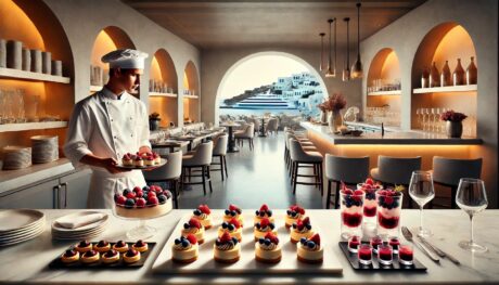 DALL·E 2025-07-08 09.11.24 - A high-end pastry kitchen in a luxury Greek island hotel, now arranged for a professional photoshoot. On a marble counter are elegant desserts made wi