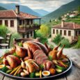 DALL·E 2025-07-08 11.32.59 - A gourmet dish featuring cooked poultry meats such as chicken, turkey, duck, and quail, served in a traditional Greek mountain village setting. The di