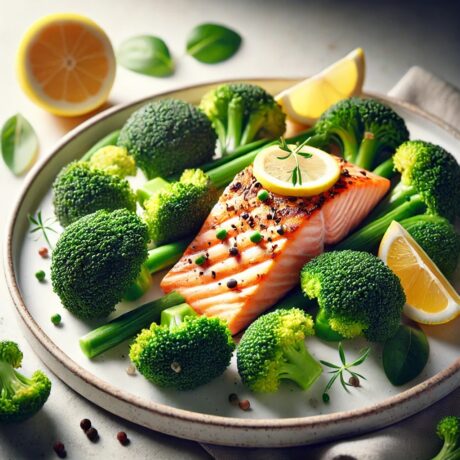 DALL·E 2025-07-08 15.56.53 - A gourmet dish featuring steamed broccoli florets served alongside a grilled salmon fillet with lemon wedges on a fine white plate. The dish is styled