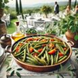 DALL·E 2025-07-08 16.42.56 - A warm side dish of cooked flat green beans (fasolakia platy), served with olive oil, tomato, and herbs, as a Greek-style vegetable side. The beans ar