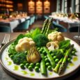 DALL·E 2025-07-08 16.44.23 - A gourmet plate presentation featuring classic cooked vegetables_ green peas, broccoli florets, cauliflower, artichoke hearts, sautéed spinach, and as