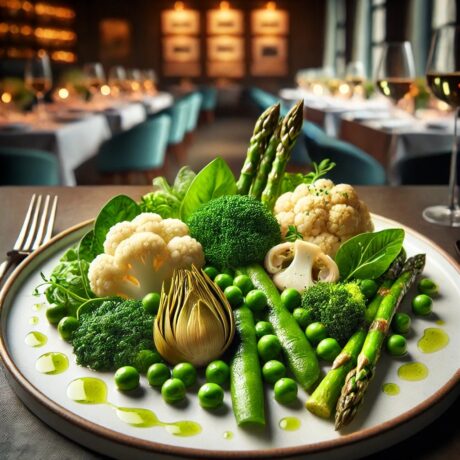 DALL·E 2025-07-08 16.44.23 - A gourmet plate presentation featuring classic cooked vegetables_ green peas, broccoli florets, cauliflower, artichoke hearts, sautéed spinach, and as