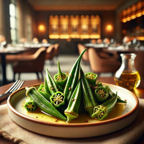 DALL·E 2025-07-08 16.45.05 - A warm vegetable side dish presented elegantly on a white ceramic plate. The focus is on okra (baby and medium size) cooked and garnished with olive o